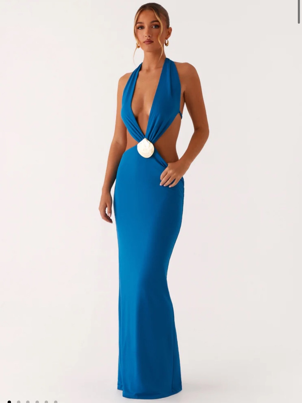 Brand new Peppermayo Teal-Blue Backless Halter Gown with Gold Medallion